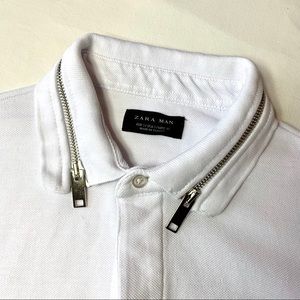 Zara Man White Polo silver zipper collar detail